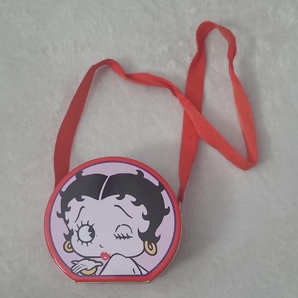 Vintage 1999 Betty Boop Tin Purse Lunchbox Round Collectible Metal Bag Strap - Picture 1 of 16